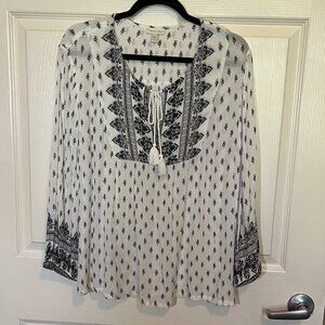 Garnet Hill Boho blouse, size 12, white and black